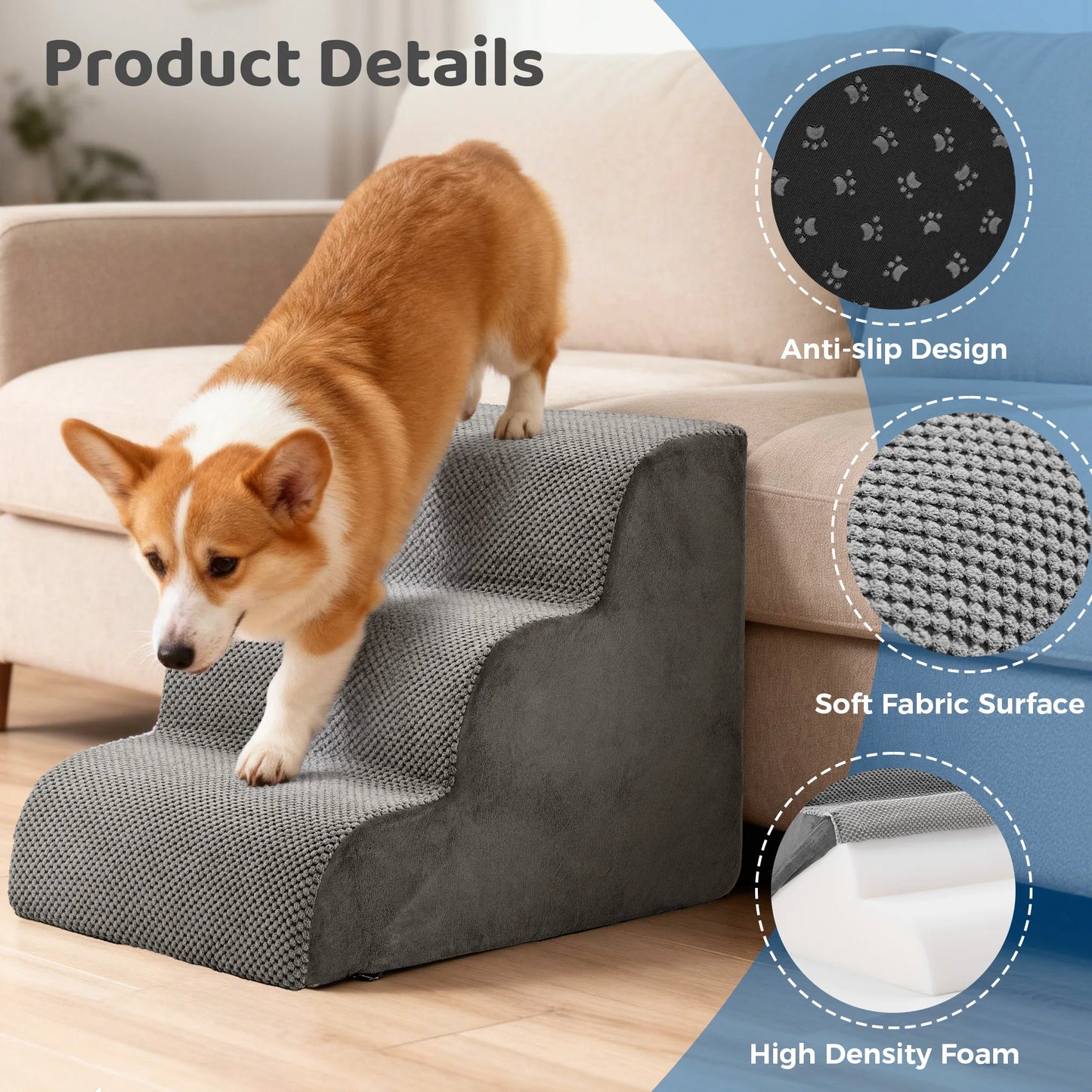 3-Step High-Density Foam Stairs-Indoor Ramp For Small Dogs