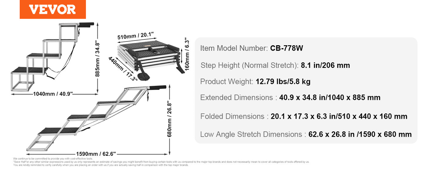 Dog Stair For Cars 17" x 31" Folding, Lightweight Aluminum 150 Lbs. Limit