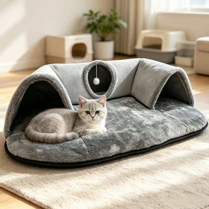 2 In 1 Cat Tunnel Bed With Soft Plush Cushion
