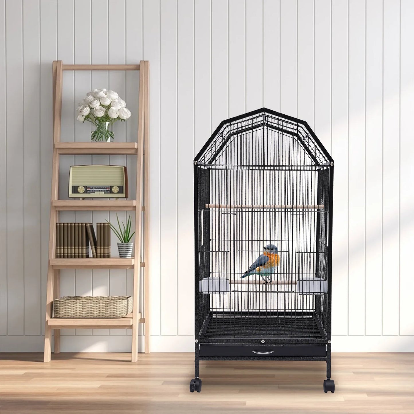 40-Inch Wrought-Iron Bird Cage with Rolling Stand,