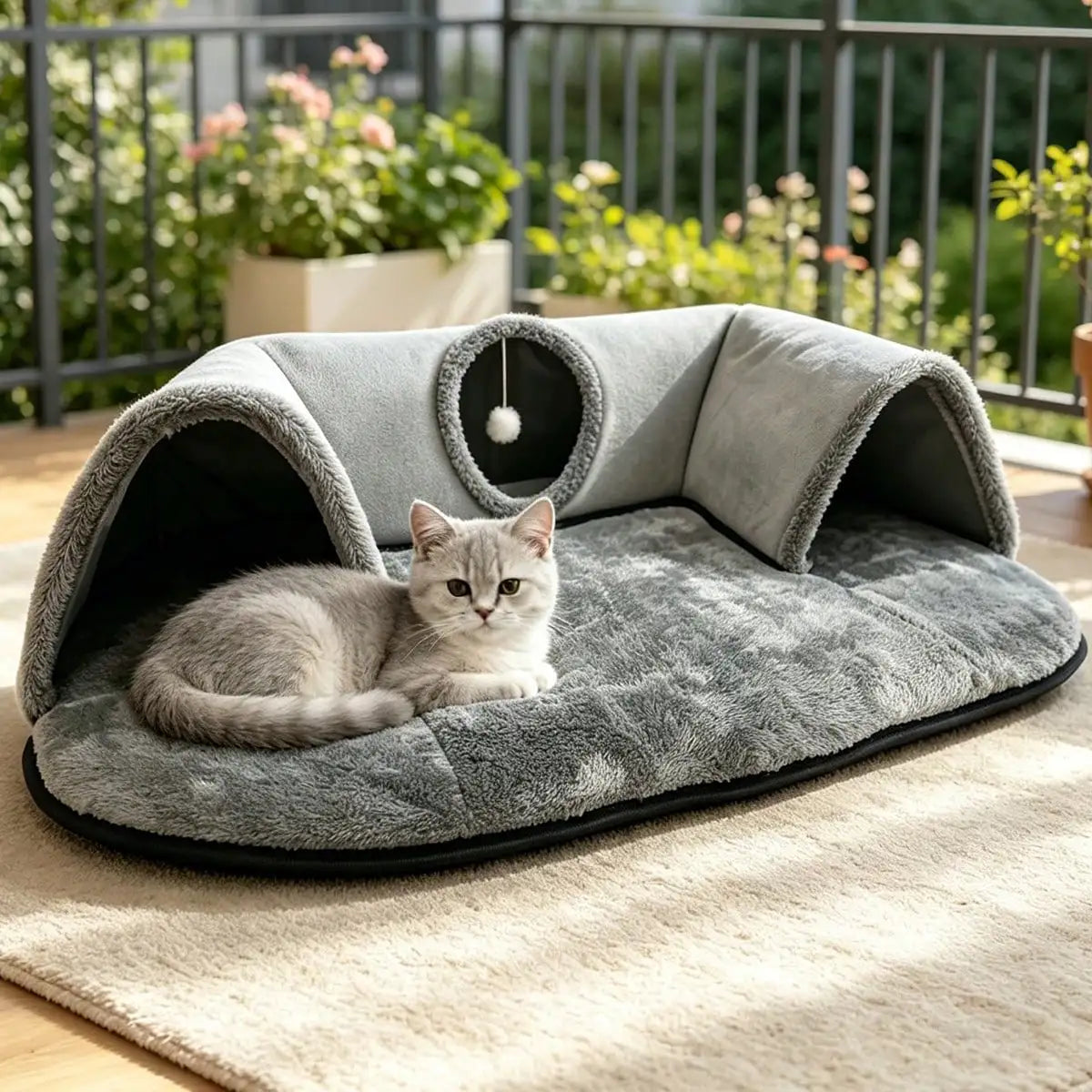 2 In 1 Cat Tunnel Bed With Soft Plush Cushion