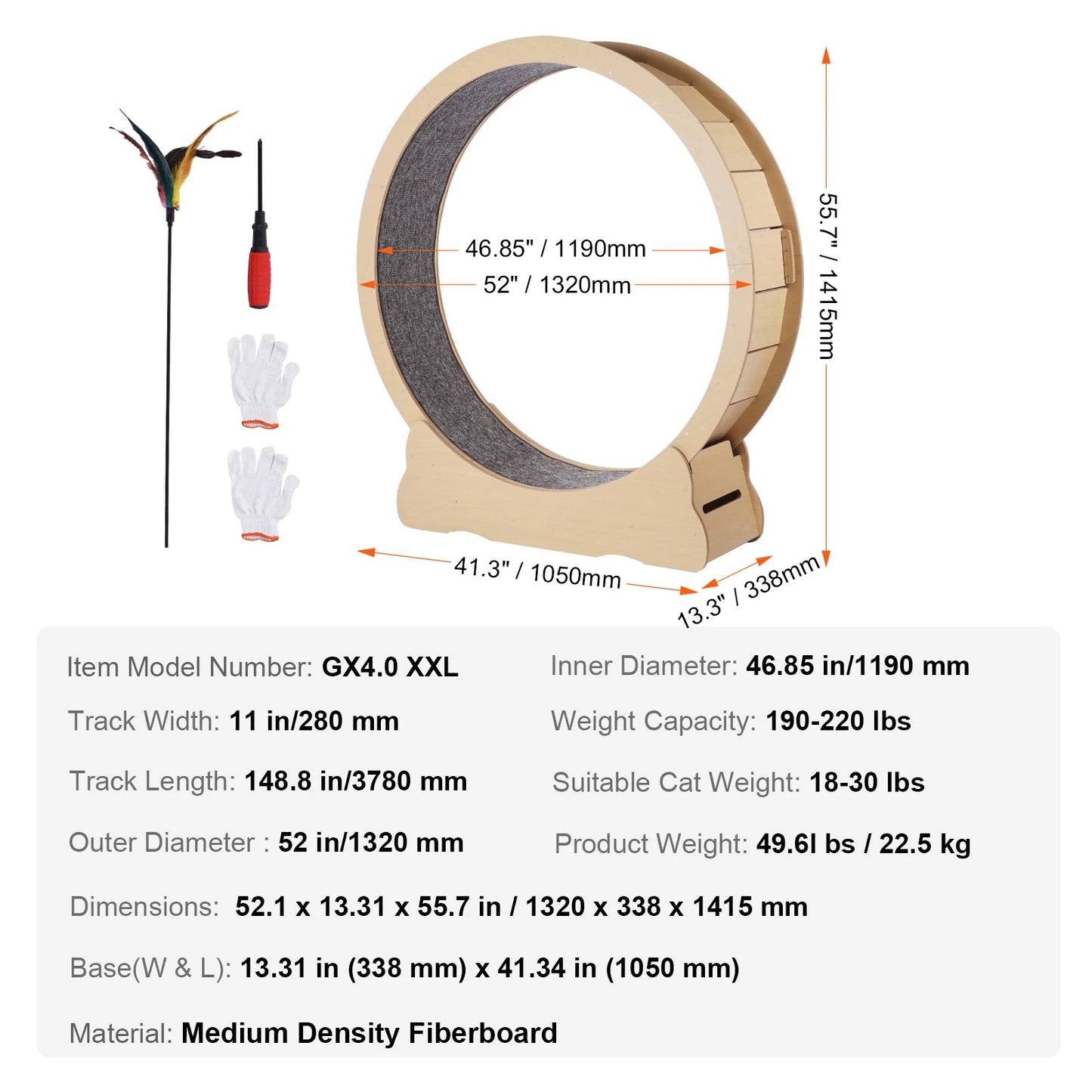 Wooden Cat Treadmill Exercise Wheel With Detachable Carpet & Cat Teaser