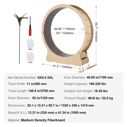 Wooden Cat Treadmill Exercise Wheel With Detachable Carpet & Cat Teaser