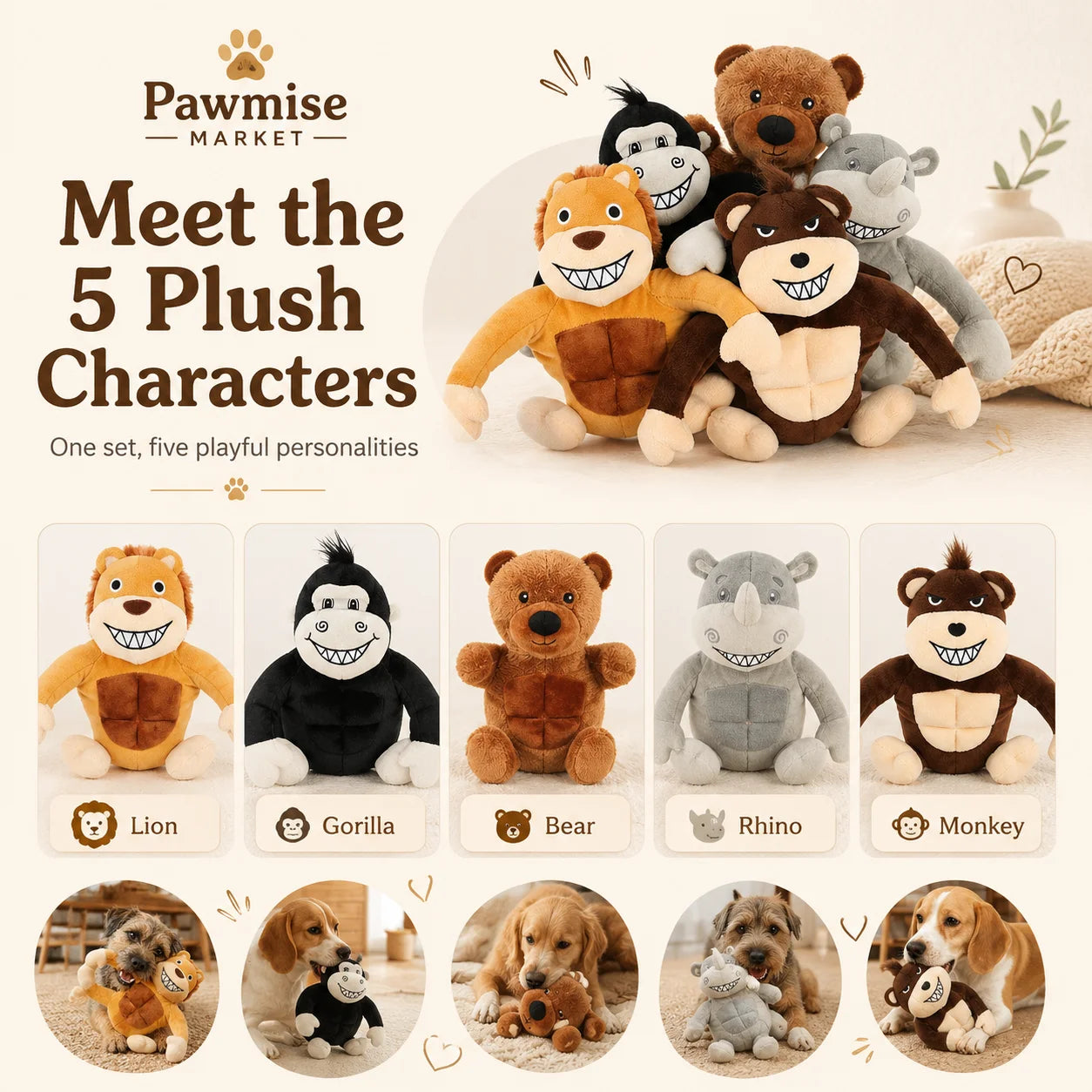 5-Piece Squeaky Plush Pet Toys Set