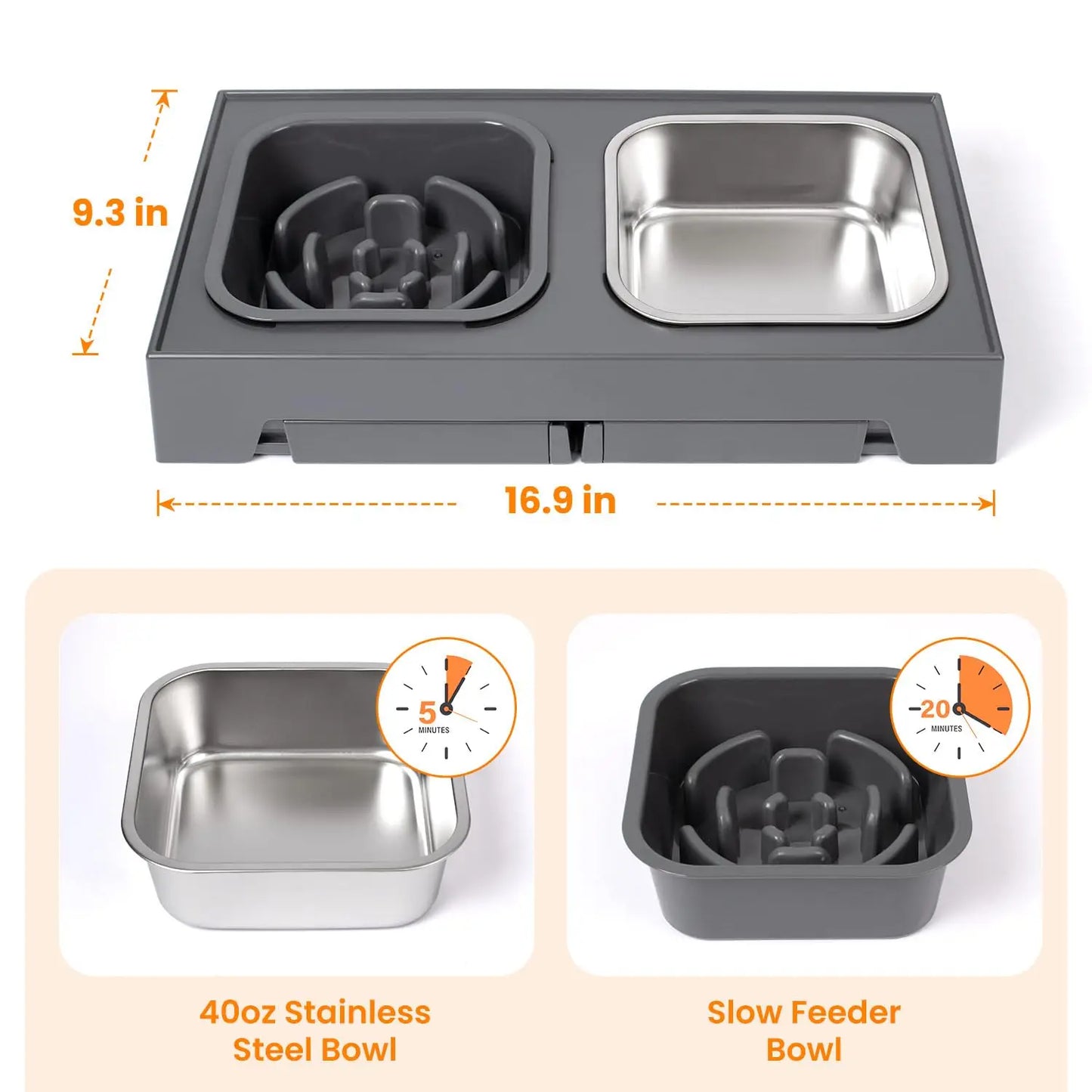 2-in-1, Adjustable Height, Foldable, Slow Feeder Dog Bowls, Non-Slip.