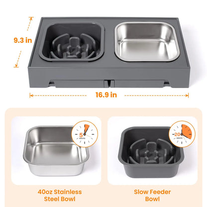 2-in-1, Adjustable Height, Foldable, Slow Feeder Dog Bowls, Non-Slip.