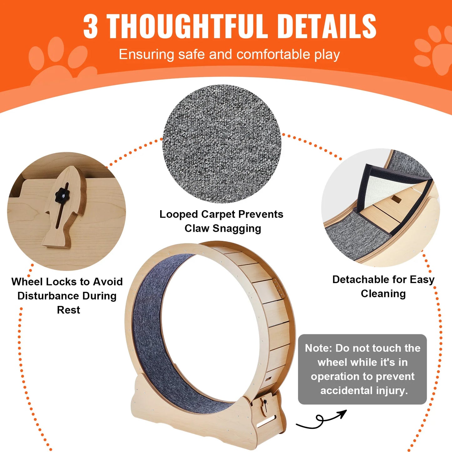 Wooden Cat Treadmill Exercise Wheel With Detachable Carpet & Cat Teaser