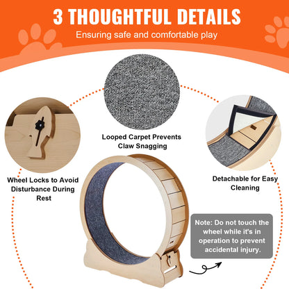 Wooden Cat Treadmill Exercise Wheel With Detachable Carpet & Cat Teaser