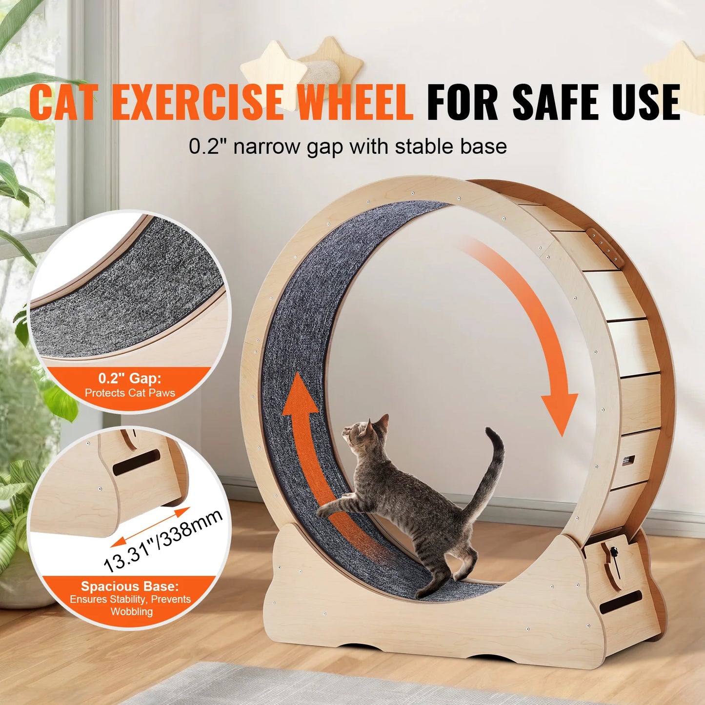 Wooden Cat Treadmill Exercise Wheel With Detachable Carpet & Cat Teaser