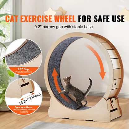 Wooden Cat Treadmill Exercise Wheel With Detachable Carpet & Cat Teaser