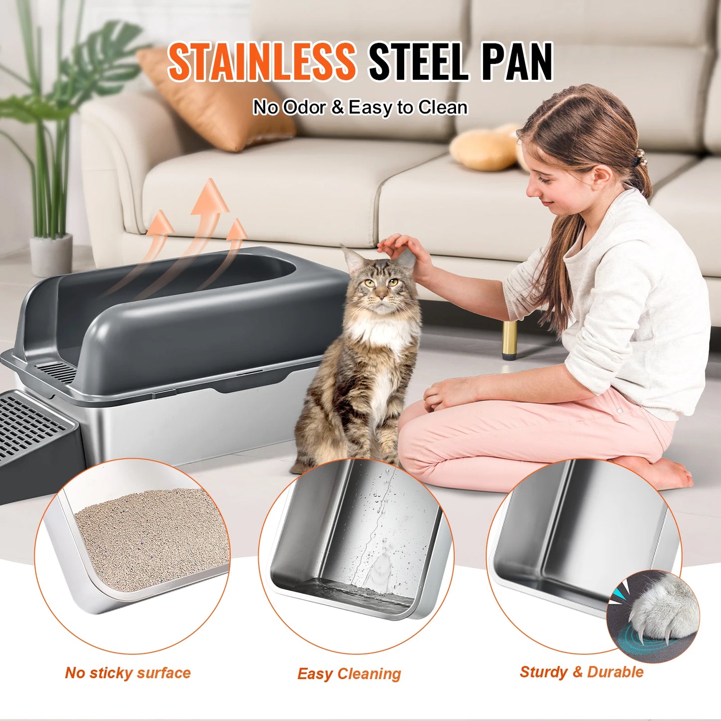 Cat Litter Box, 6" Deep, Extra Large Stainless Steel Cat Litter Box