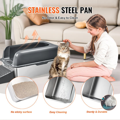Cat Litter Box, 6" Deep, Extra Large Stainless Steel Cat Litter Box