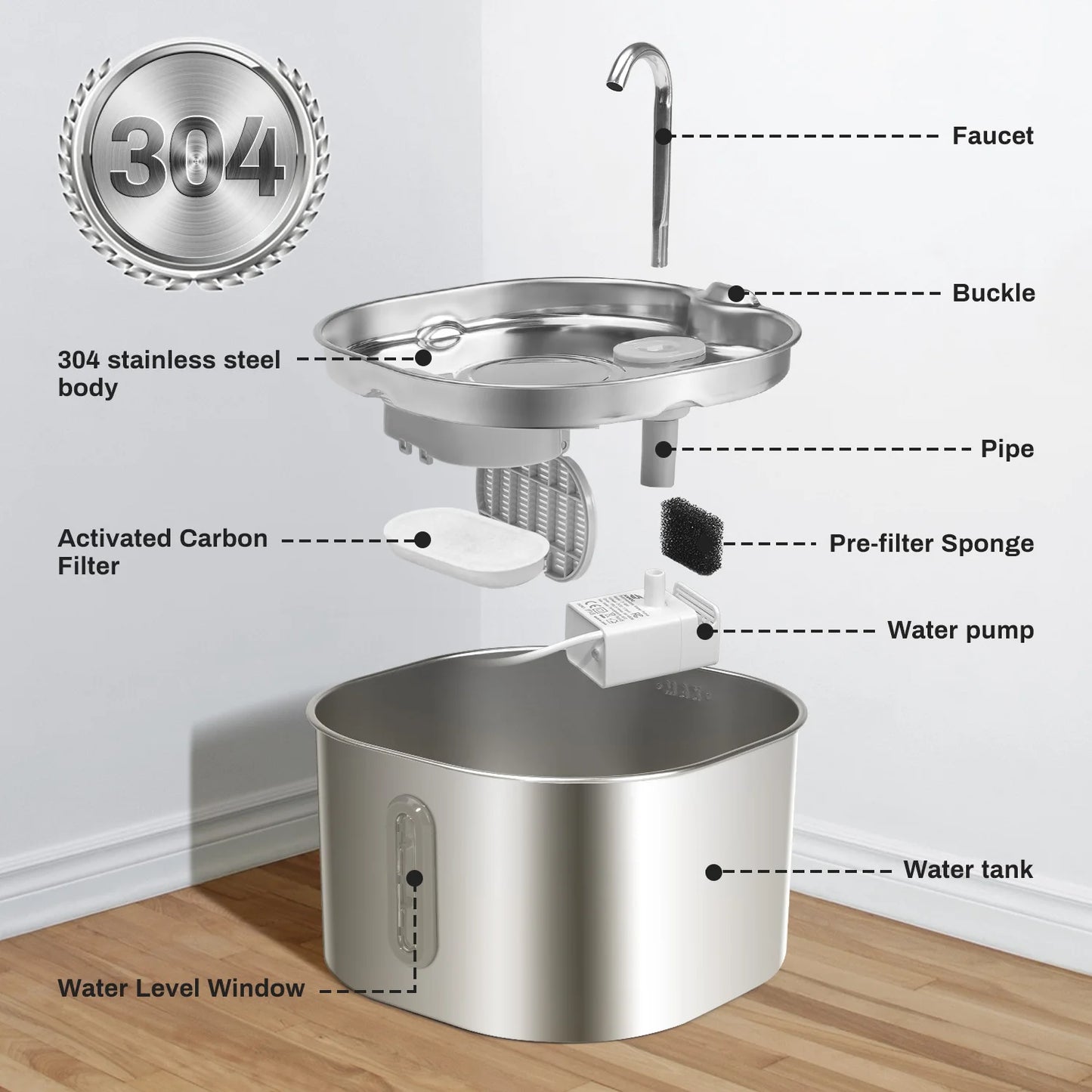 Pet, Filtered Water Fountain-Bowl, 2.2L Stainless Steel