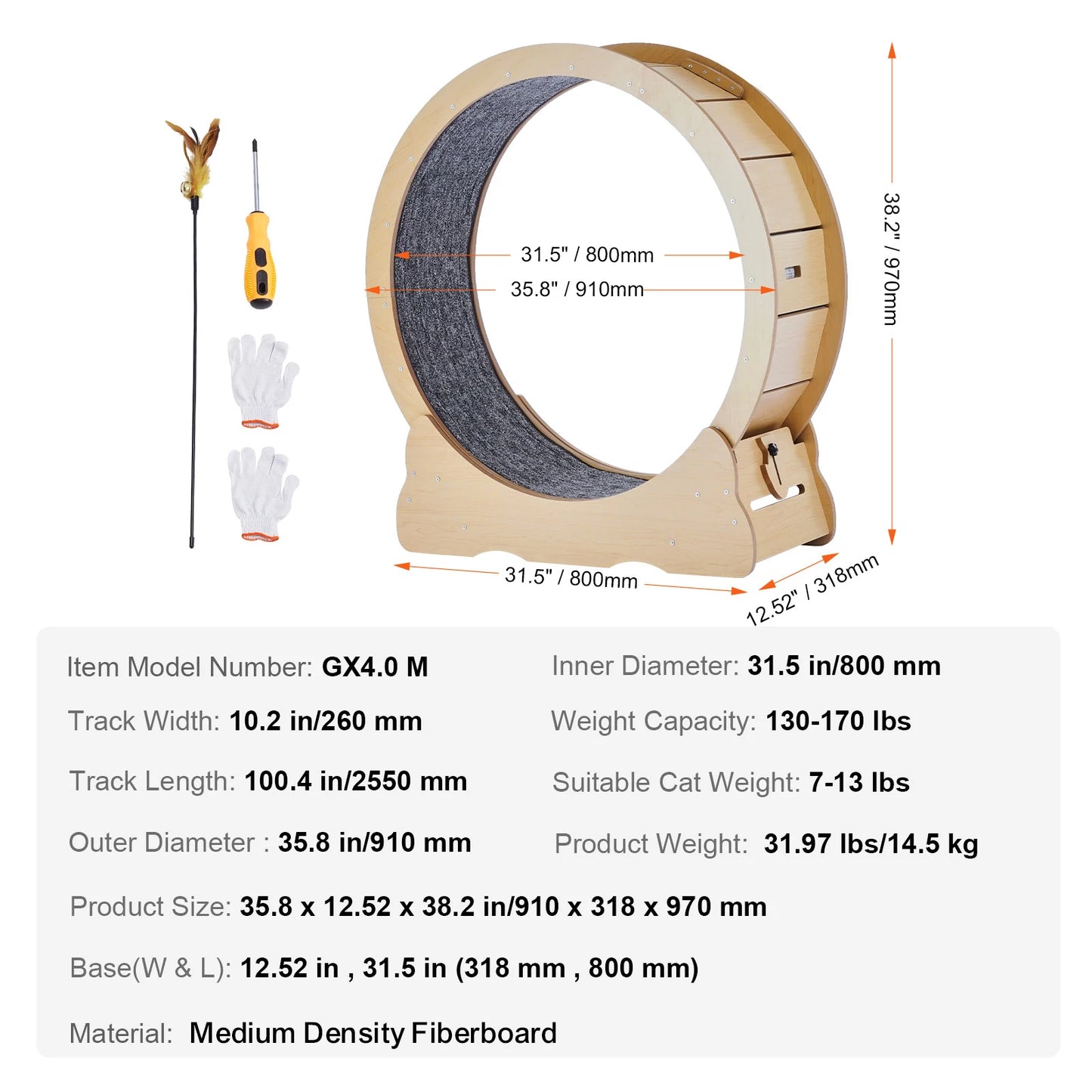 Wooden Cat Treadmill Exercise Wheel With Detachable Carpet & Cat Teaser