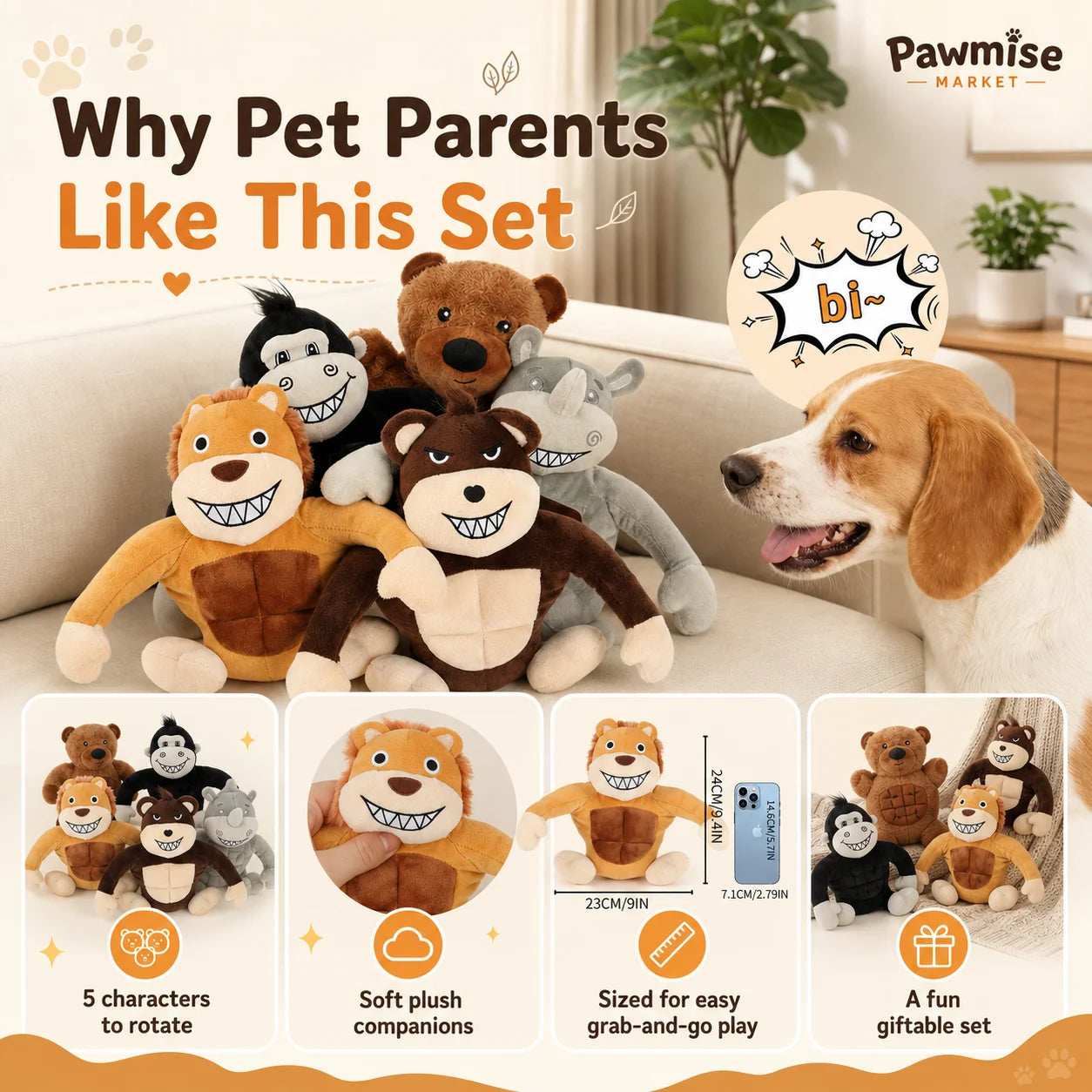 5-Piece Squeaky Plush Pet Toys Set