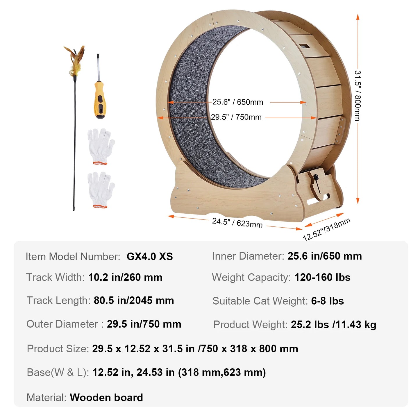 Wooden Cat Treadmill Exercise Wheel With Detachable Carpet & Cat Teaser