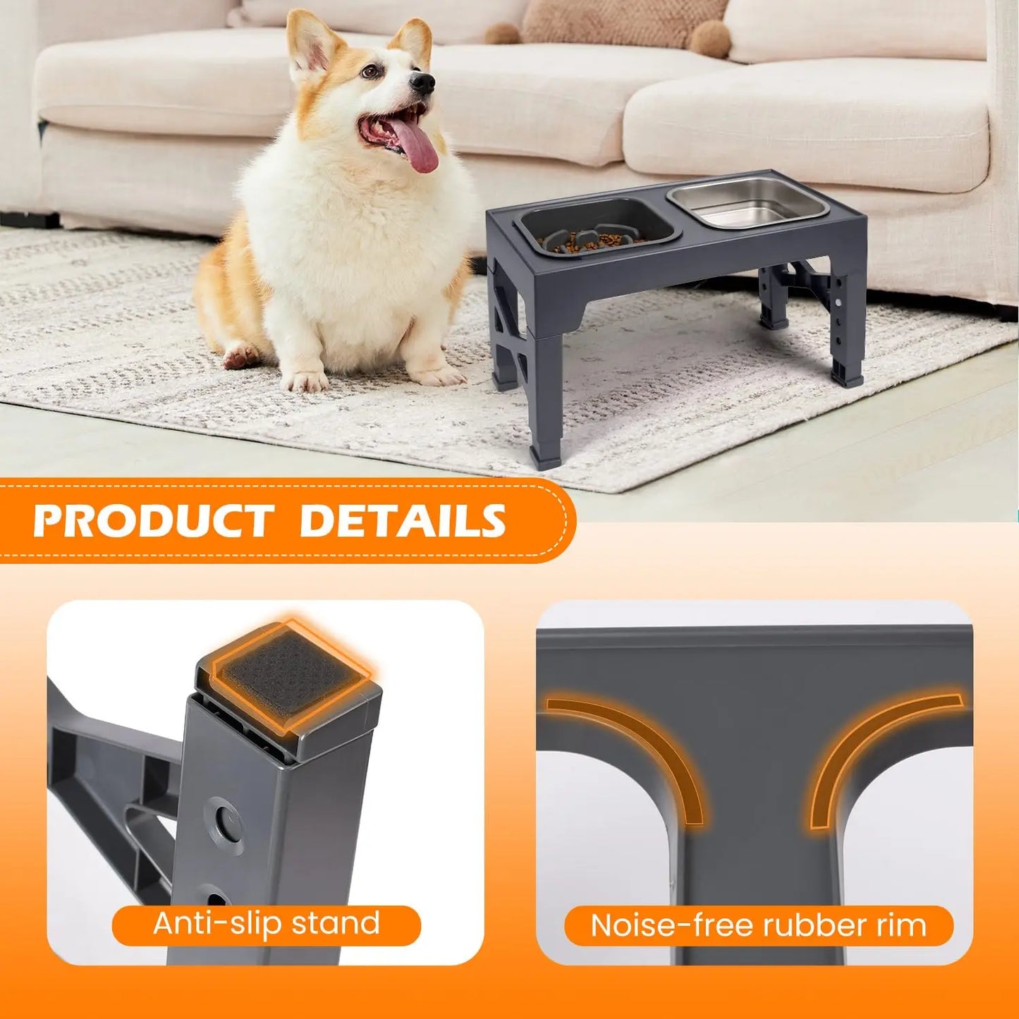 2-in-1, Adjustable Height, Foldable, Slow Feeder Dog Bowls, Non-Slip.