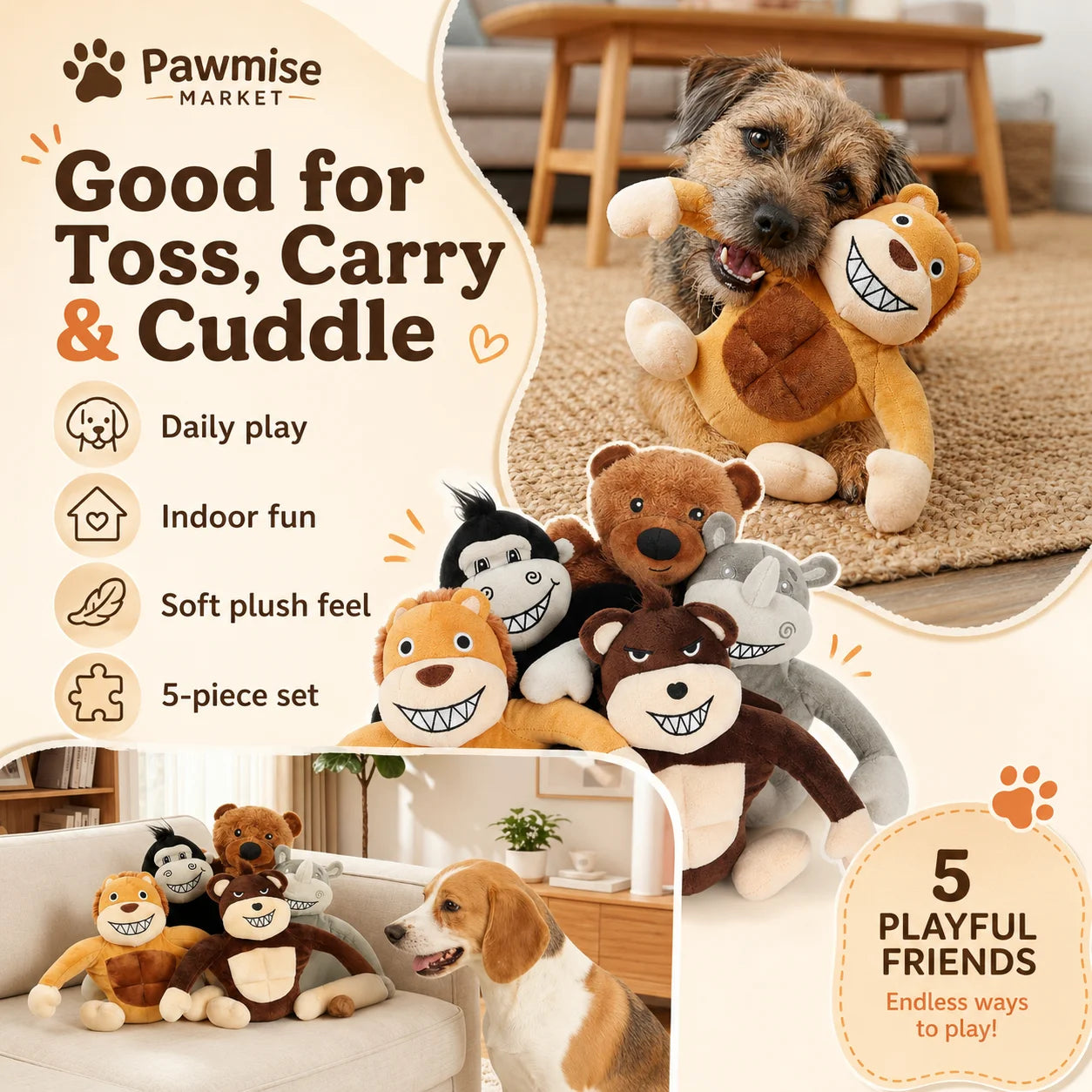 5-Piece Squeaky Plush Pet Toys Set