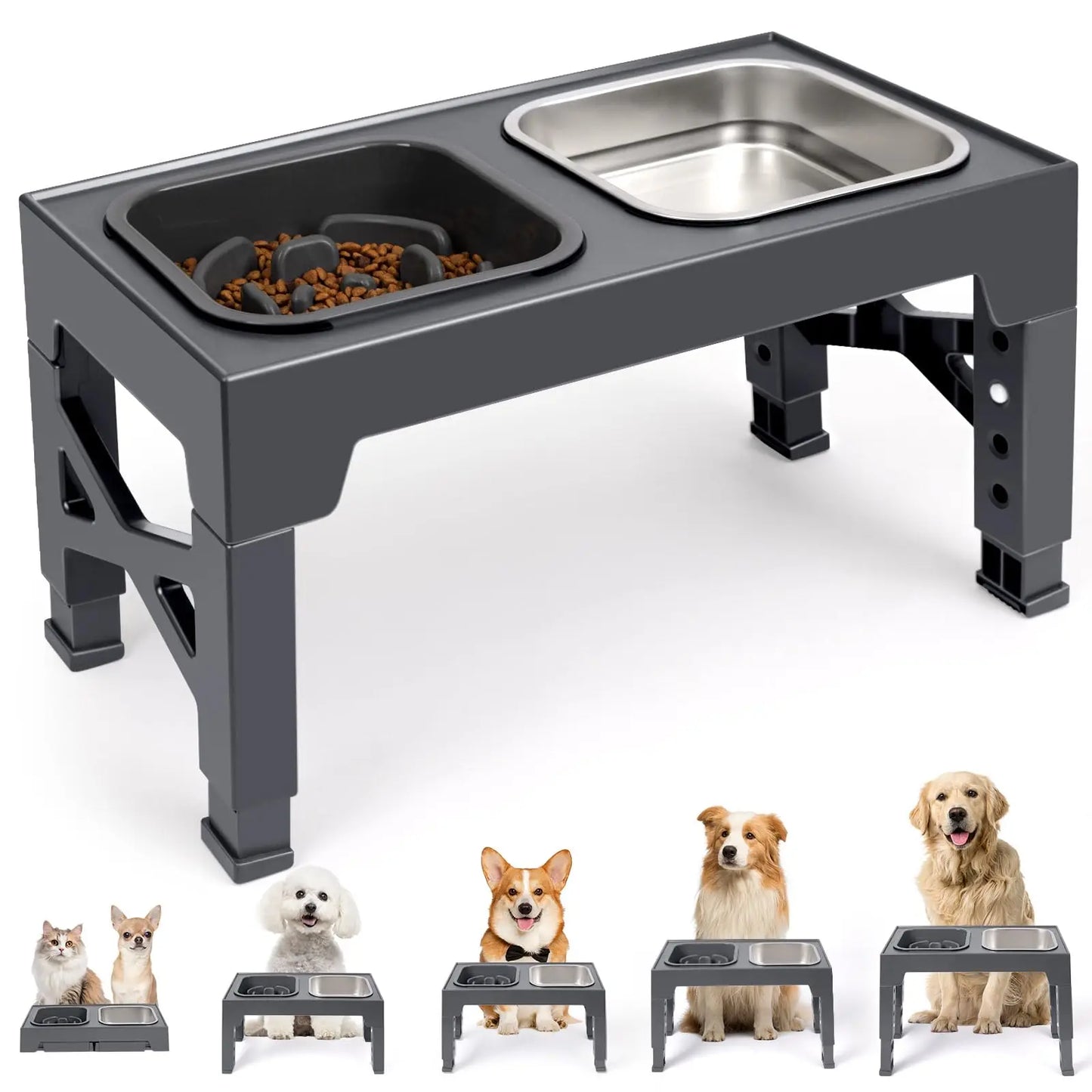 2-in-1, Adjustable Height, Foldable, Slow Feeder Dog Bowls, Non-Slip.