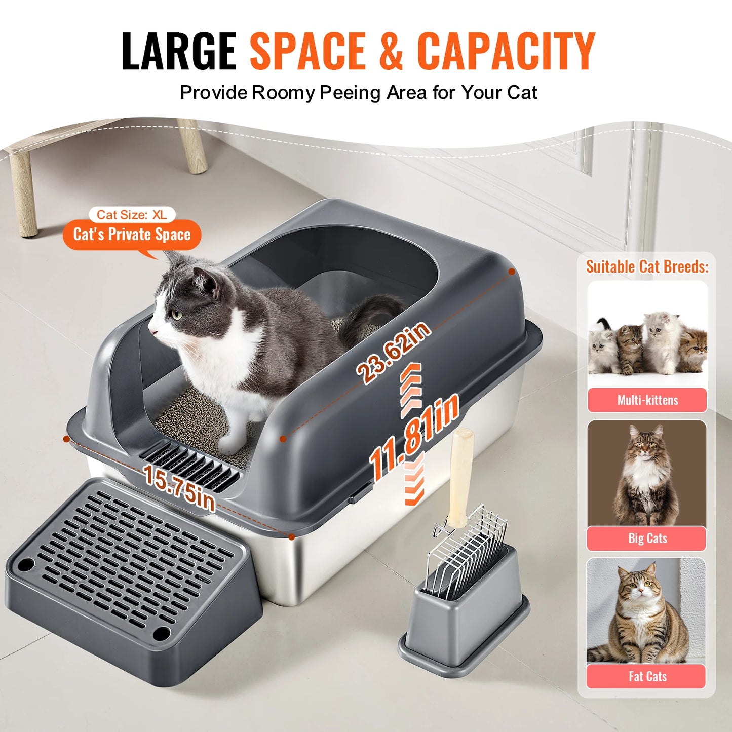 Cat Litter Box, 6" Deep, Extra Large Stainless Steel Cat Litter Box