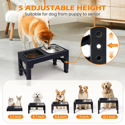 2-in-1, Adjustable Height, Foldable, Slow Feeder Dog Bowls, Non-Slip.