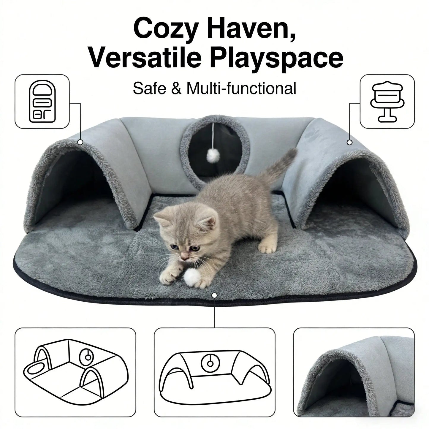2 In 1 Cat Tunnel Bed With Soft Plush Cushion