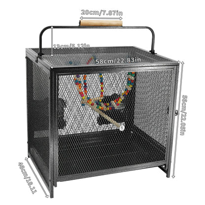 Wrought Iron Bird Travel Carrier Cage Parrot Cage with Handle Wooden Perch & Seed Guard for Small Parrots Canaries Budgies Parro
