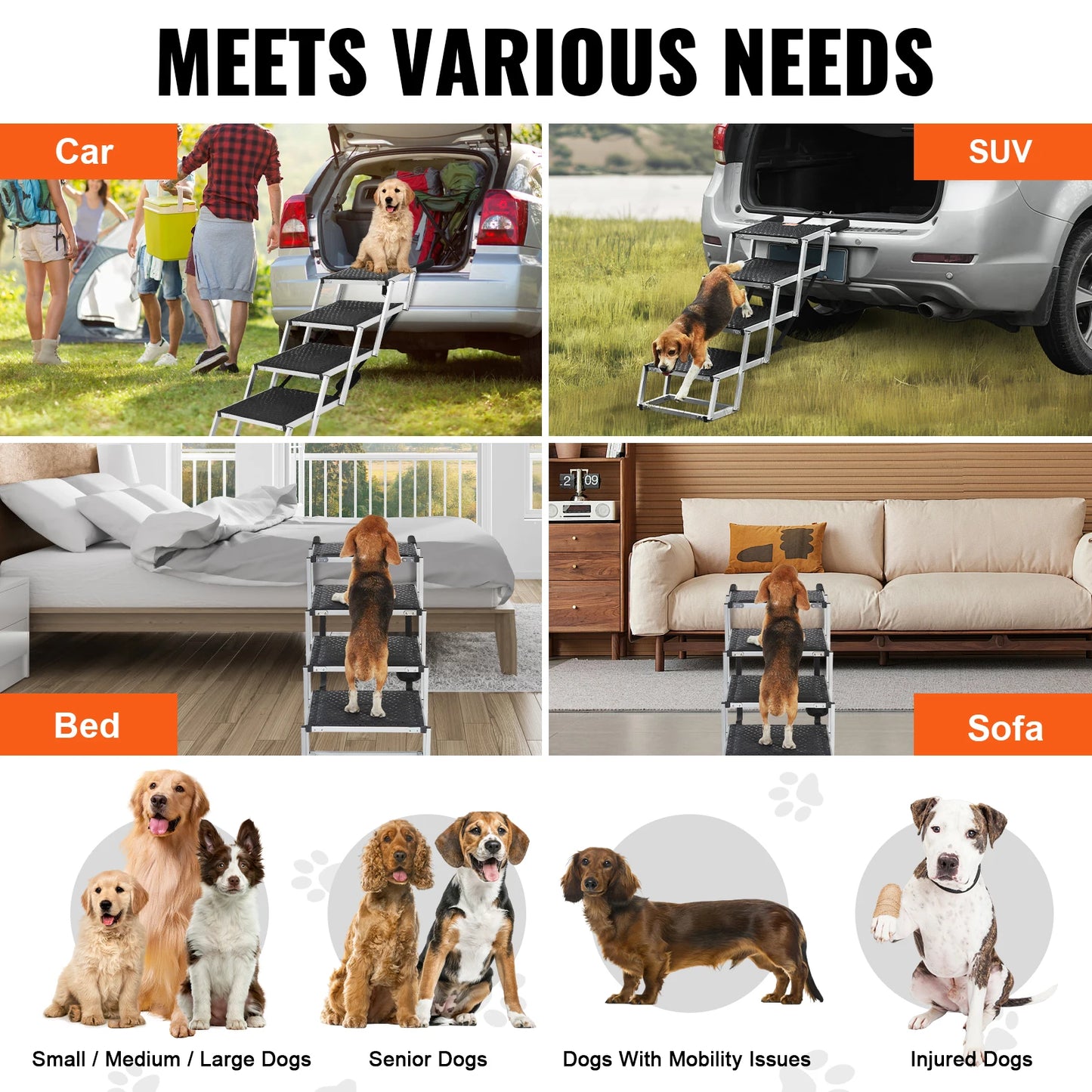 Dog Stair For Cars 17" x 31" Folding, Lightweight Aluminum 150 Lbs. Limit