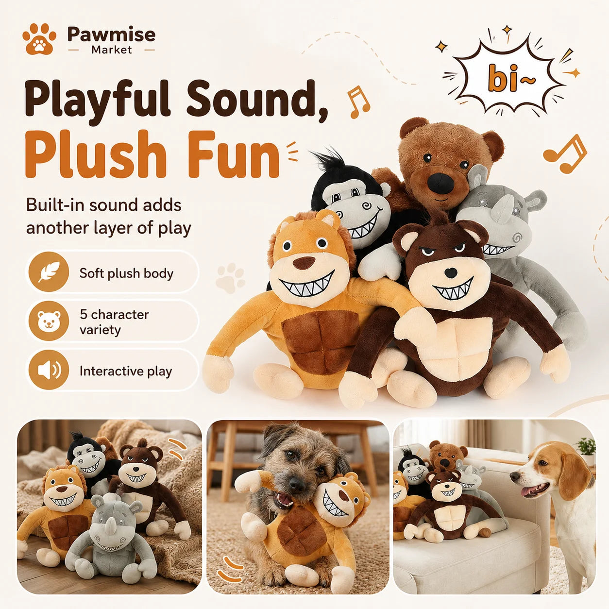 5-Piece Squeaky Plush Pet Toys Set