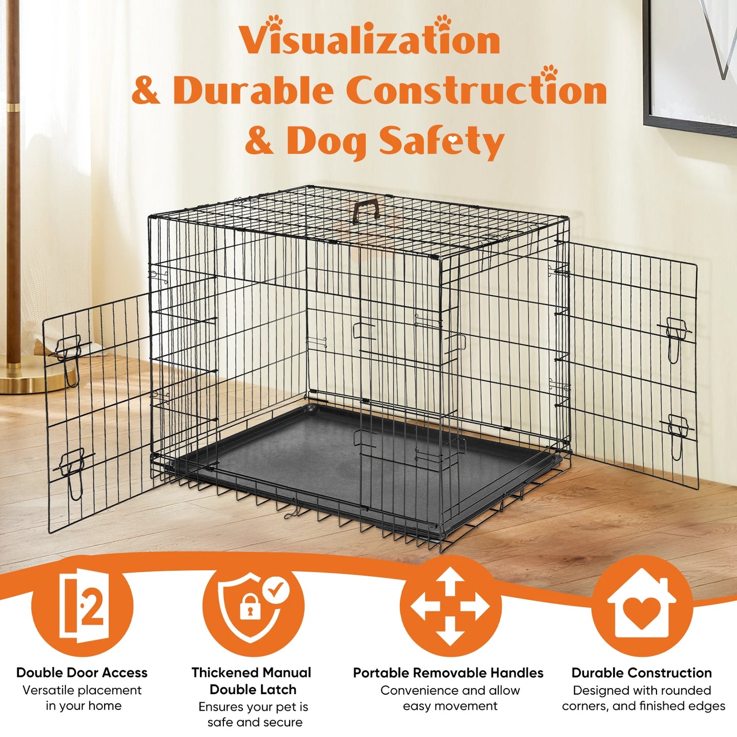 36, 42, or 48 Inch Double-Door, Folding Dog Cage.