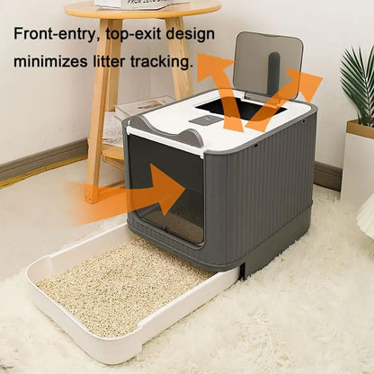 Fully Enclosed Cat Litter Box, Front-Entry Top-Exit.