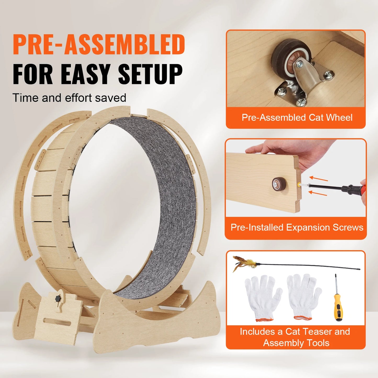 Wooden Cat Treadmill Exercise Wheel With Detachable Carpet & Cat Teaser