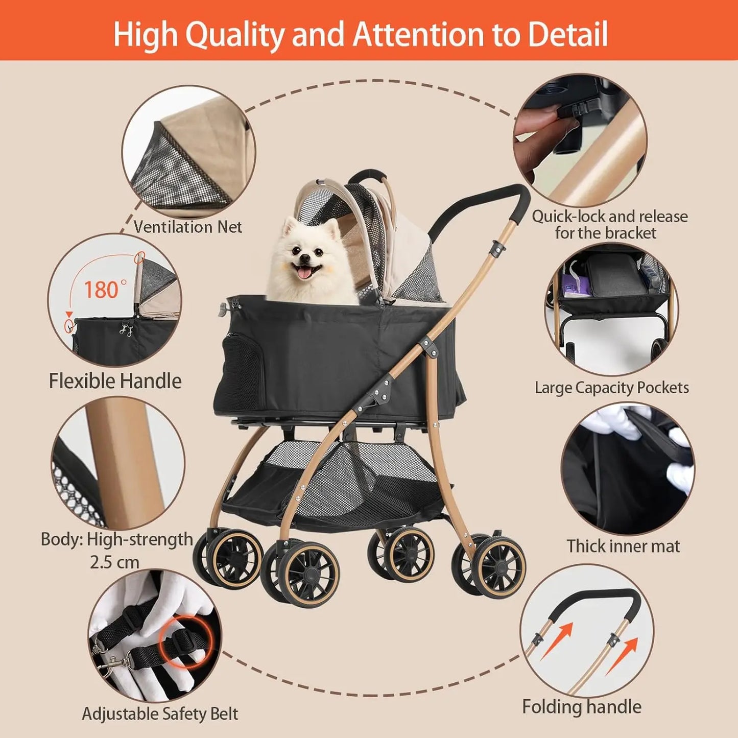 Well-Built, Lightweight Foldable Pet Stroller With Canopy