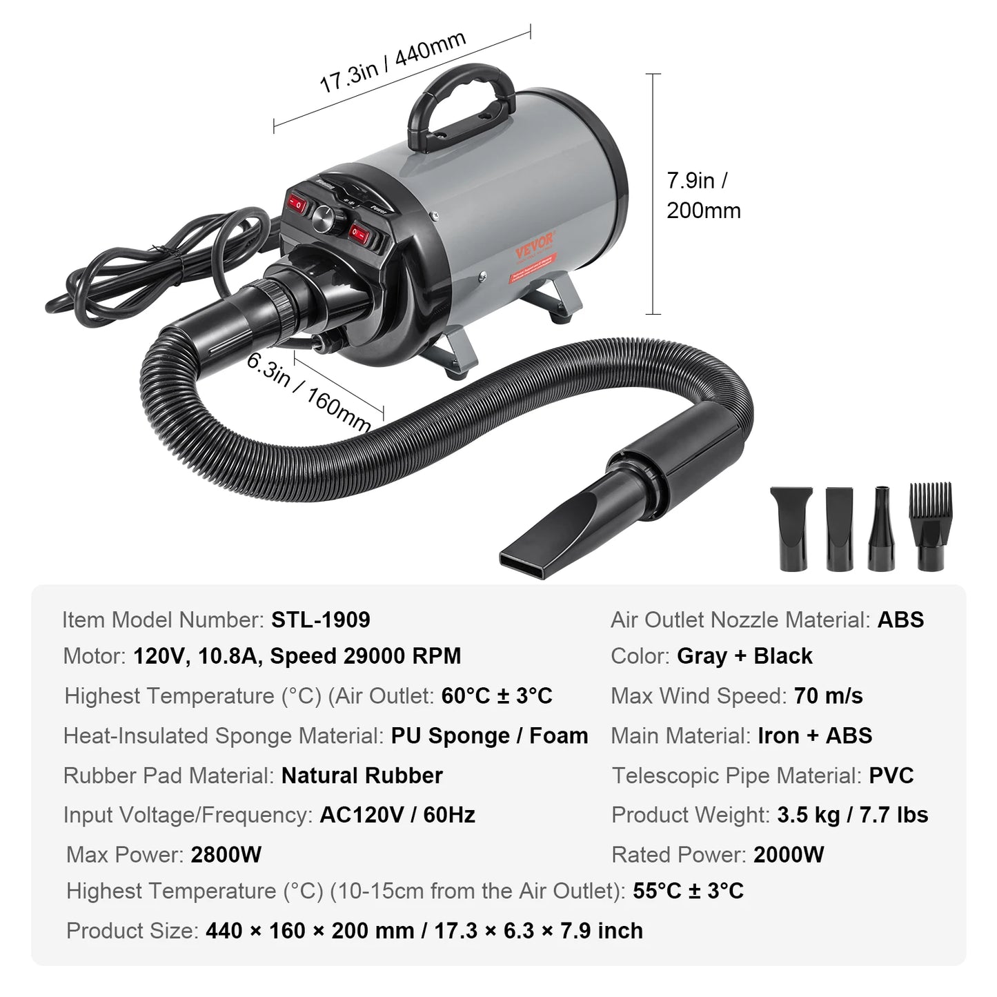 2000W/2.7HP Dog Blow Dryer Adjustable Speed  & Temperature