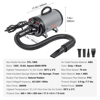 2000W/2.7HP Dog Blow Dryer Adjustable Speed  & Temperature