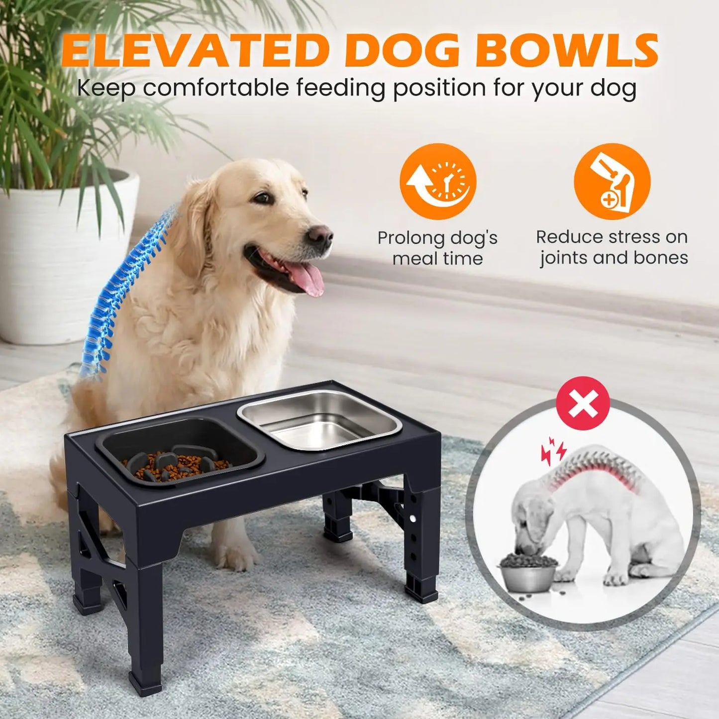 2-in-1, Adjustable Height, Foldable, Slow Feeder Dog Bowls, Non-Slip.