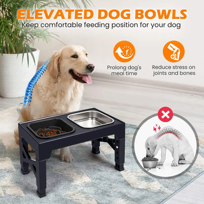 2-in-1, Adjustable Height, Foldable, Slow Feeder Dog Bowls, Non-Slip.