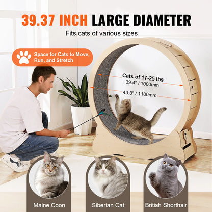 Wooden Cat Treadmill Exercise Wheel With Detachable Carpet & Cat Teaser