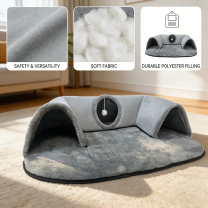 2 In 1 Cat Tunnel Bed With Soft Plush Cushion