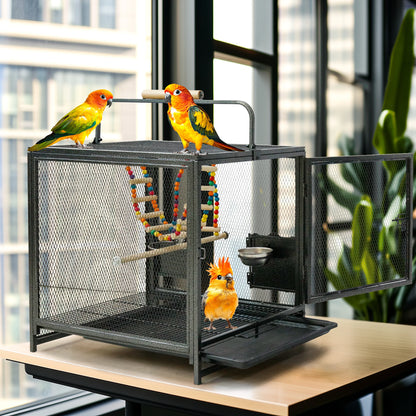 Wrought Iron Bird Travel Carrier Cage Parrot Cage with Handle Wooden Perch & Seed Guard for Small Parrots Canaries Budgies Parro