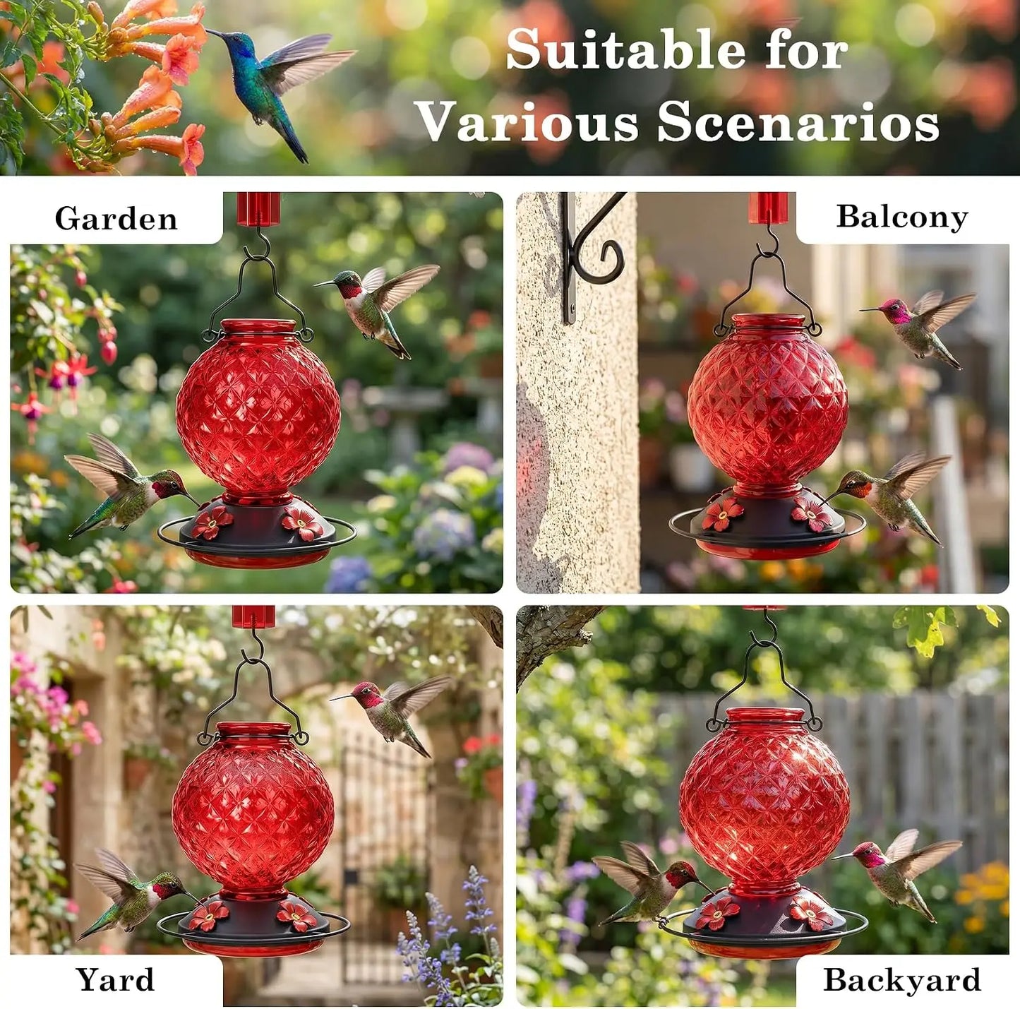 Hummingbird Feeder for Outdoors, 25 OZ Glass, Leak Proof.