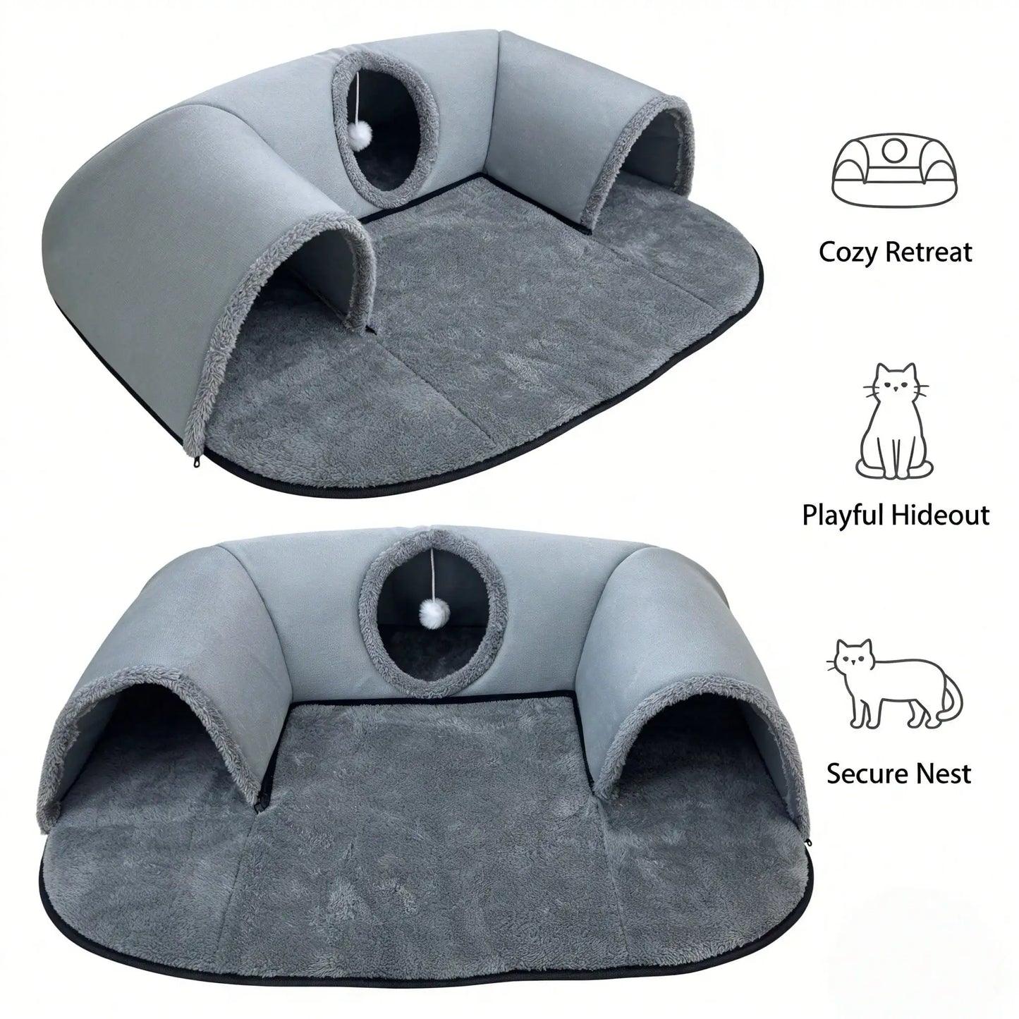 2 In 1 Cat Tunnel Bed With Soft Plush Cushion