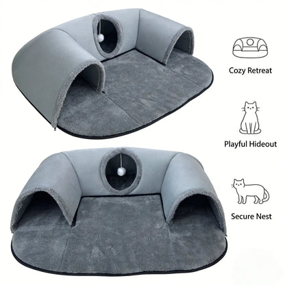 2 In 1 Cat Tunnel Bed With Soft Plush Cushion