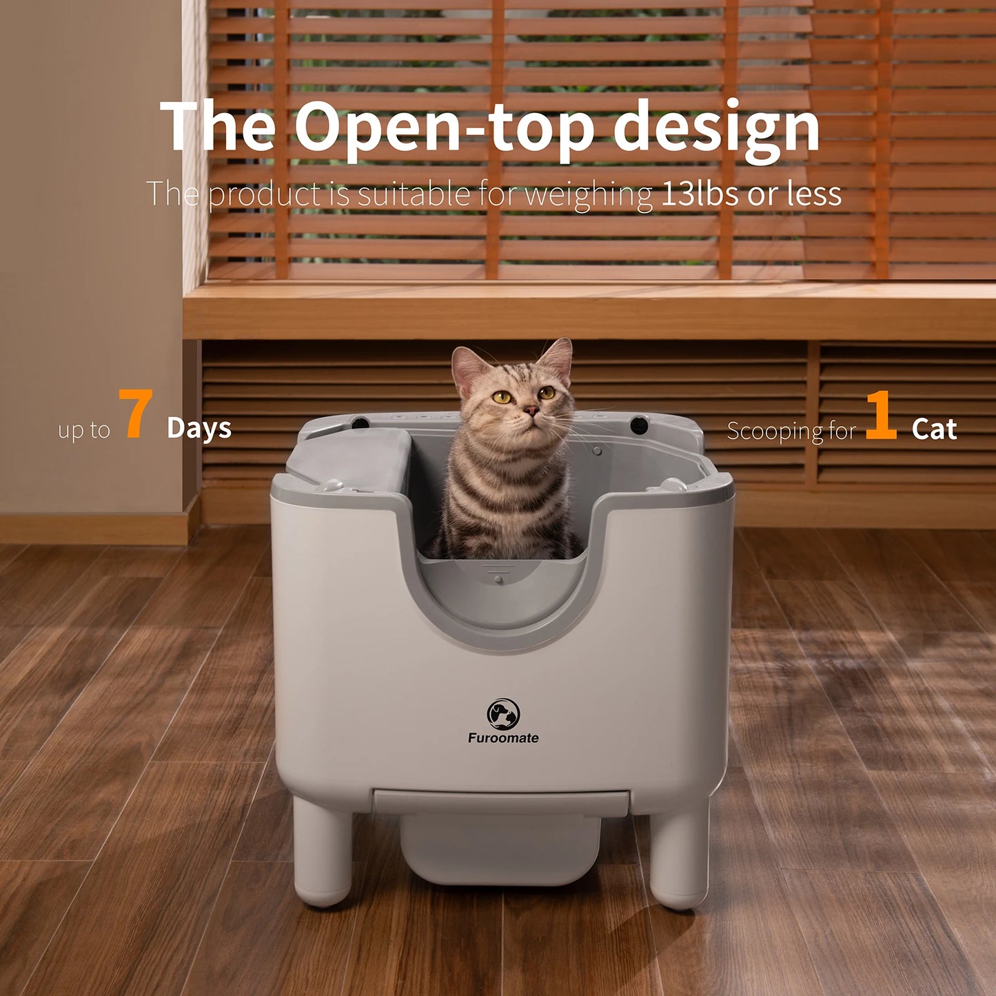 Automatic, Self-Cleaning, Open-Top Litter Box with Odor Control.