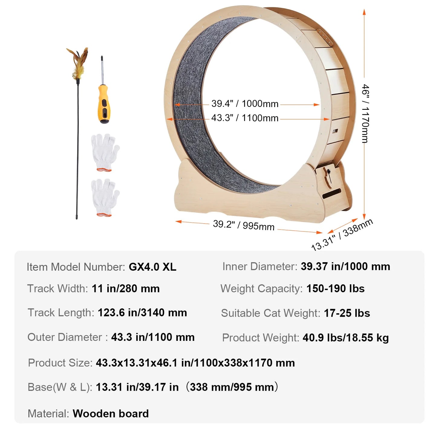 Wooden Cat Treadmill Exercise Wheel With Detachable Carpet & Cat Teaser
