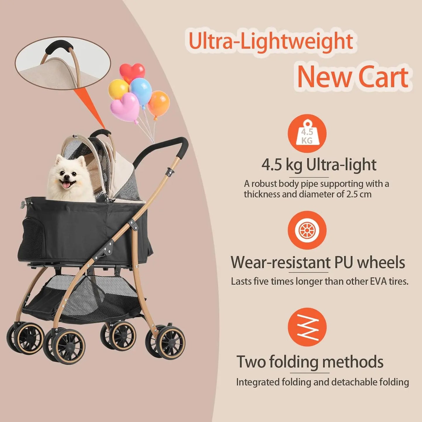 Well-Built, Lightweight Foldable Pet Stroller With Canopy