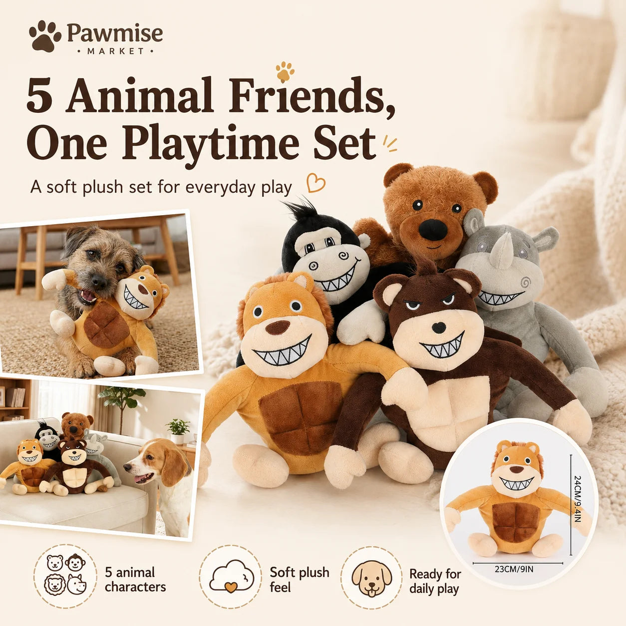 5-Piece Squeaky Plush Pet Toys Set