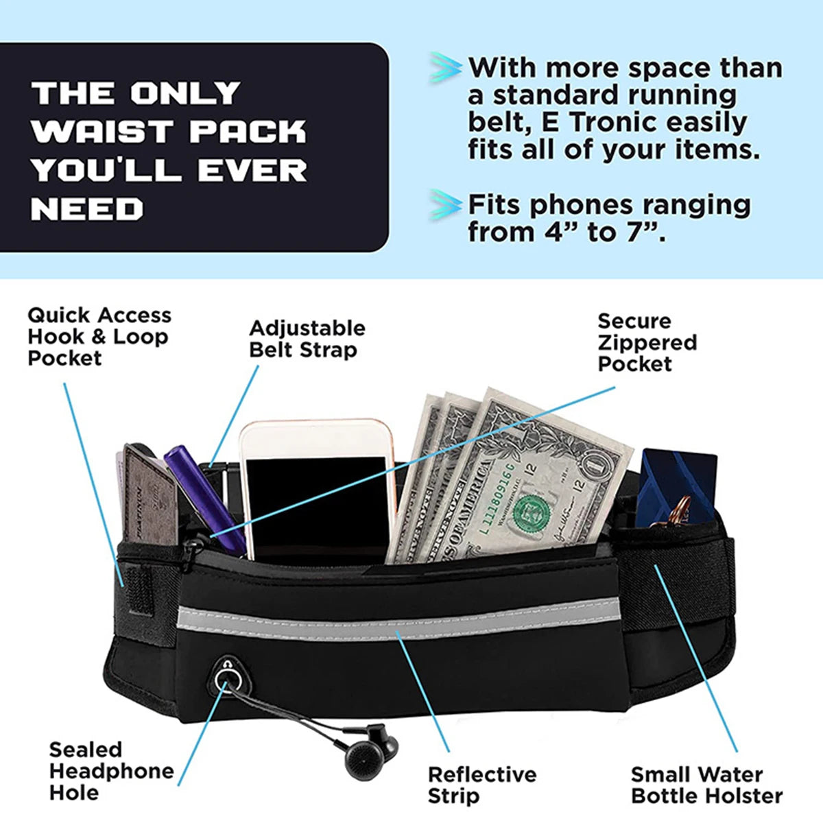 75Inch, Hands Free, Reflective Dog Leash With Waist Pack.