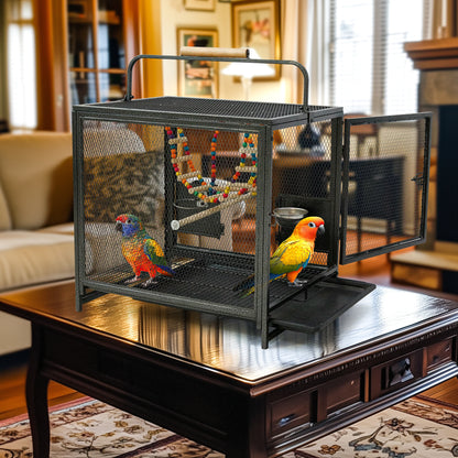 Wrought Iron Bird Travel Carrier Cage Parrot Cage with Handle Wooden Perch & Seed Guard for Small Parrots Canaries Budgies Parro