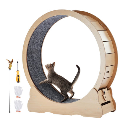 Wooden Cat Treadmill Exercise Wheel With Detachable Carpet & Cat Teaser